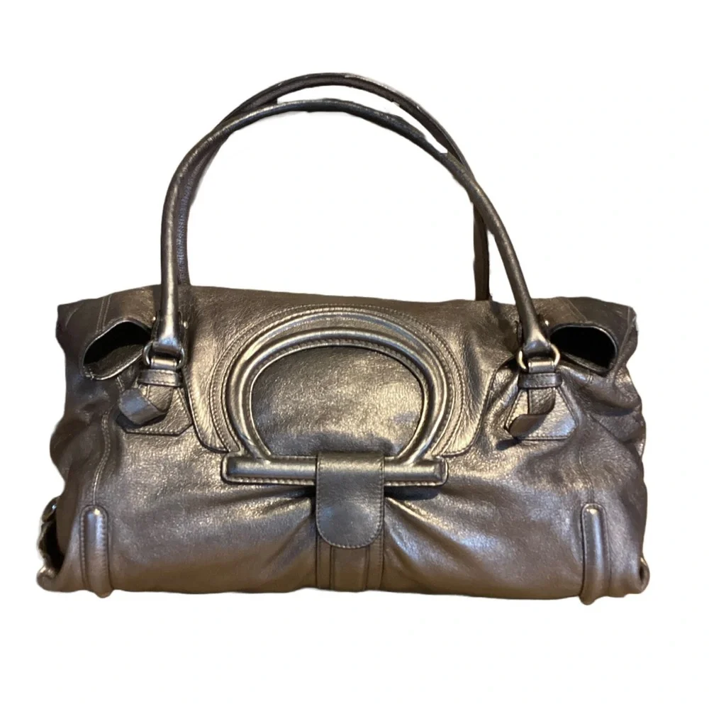 SALVATORE FERRAGAMO METALLIC SILVER/BRONZE LEATHER FOLD OVER SHOULDER BAG